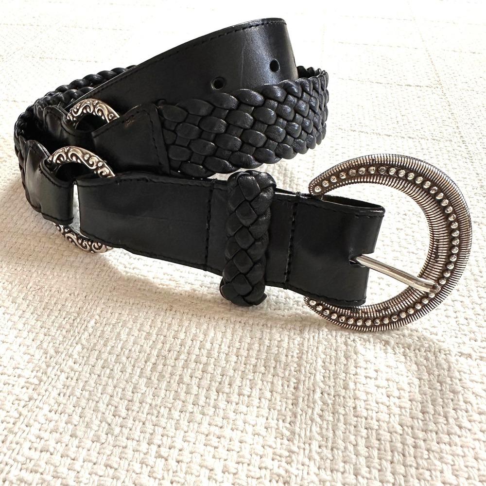 VTG Brighton Black Leather Braided Belt Silver Ornate Filigree Rings Western 38